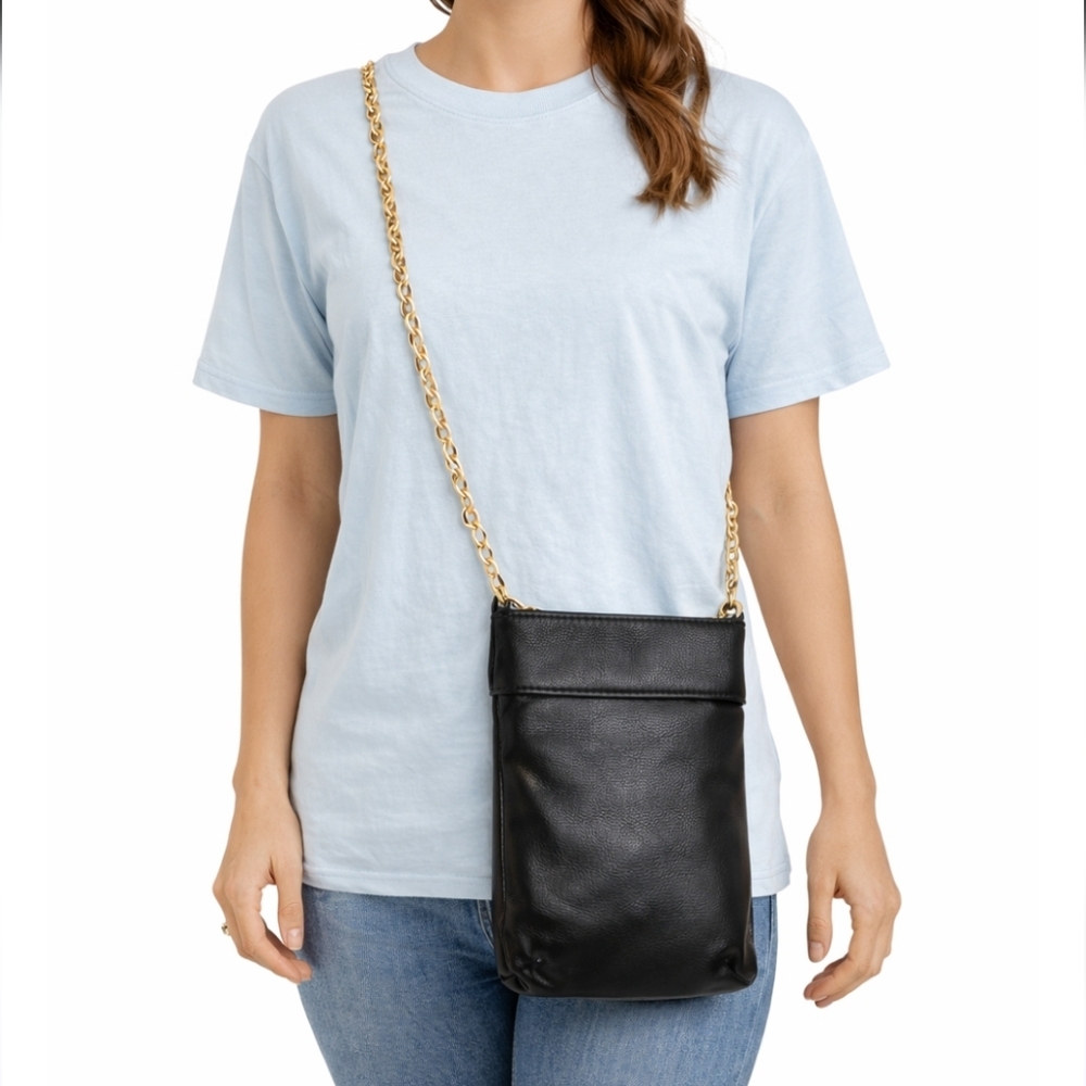 AMALIA GOMEZ Mini Flip bag Black Italian Leather Gold Chain Crossbody New